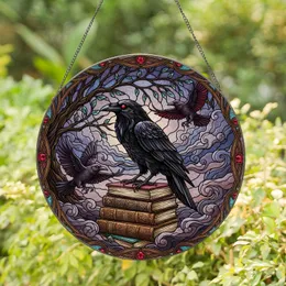 Black Raven Red Eye Stained Glass Tiffany Art on Books - Twilight Landscape Jewel Decor Stained Glass Suncatcher
