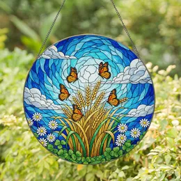Intricate Jewel-Tone Monarch Butterfly Wheat Field Swirling Sky Stained Glass Art Stained Glass Suncatcher