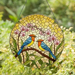 Vibrant Yellow Blue Songbirds Pink Orchid Tiffany Stained Glass Mosaic Sunlight Art Stained Glass Suncatcher
