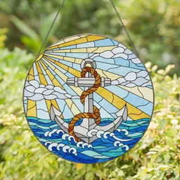 Stained Glass Ship Anchor Ocean Waves Sun Sky Blue Jewel Tone Tiffany Art Decor Stained Glass Suncatcher