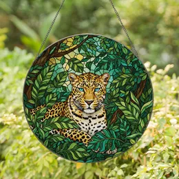 Majestic Leopard Jungle Stained Glass Suncatcher - Tiffany Style Blue Eyes Forest Canopy Art