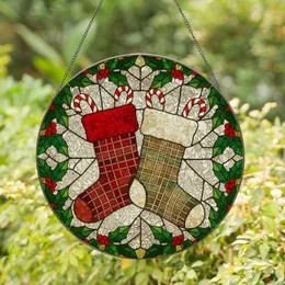 Christmas Stockings Plaid Holly Candy Canes Snowflakes Frosted Ice Holiday Home Decor Stained Glass Suncatcher