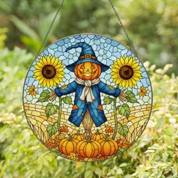 Scarecrow Grinning Pumpkin Sunflowers Mosaic Stained Glass Harvest Field Autumn Decor Stained Glass Suncatcher