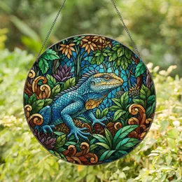 Blue Scaled Lizard Jungle Foliage Stained Glass Art Mosaic - Tiffany Jewel Tones Stained Glass Suncatcher