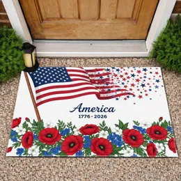 Waving American Flag "America" 1776-2026 Floral - USA 250th Anniversary Patriotic Design Doormat