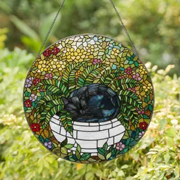 Sleeping Black Cat Stained Glass Garden Fern Planter - Tiffany Mosaic Jewel Tone Rainbow Stained Glass Suncatcher