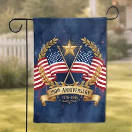 Crossed American Flags 250th Anniversary 1776-2026 - Gold Star Laurel Wreath Garden Flag