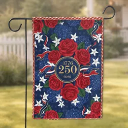 USA 250th Anniversary Red White Blue Floral Bouquet 1776-2026 Emblem Independence Day Garden Flag