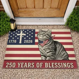 Tabby Cat Distressed American Flag 1776-2026 - USA 250th Anniversary of Blessings Doormat