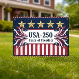 USA 250 Years of Freedom Banner, Gold Stars & Red White Blue Ribbons - 250th Anniversary Yard Sign
