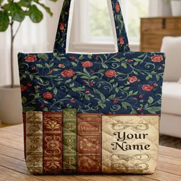 Vintage Library Shelf Books Botanical Swirling Vines Red Roses - Book Lover Gift Quilted Tote Bag
