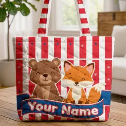 Bear Fox Name Ribbon Red White Stripes Silver Stars - Everyday Carry Gift Quilted Tote Bag