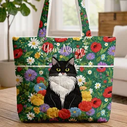 Black White Cat Vibrant Garden Flowers Floral Wreath - Everyday Cat Lover Gift Quilted Tote Bag