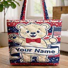 Smiling Cartoon Bear Waving Patriotic Flag with Your Name for Independence Day Kids Gift Quilted Tote Bag