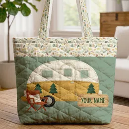 Tear-Drop Camper Van Your Name Sign Pinecone Forest Road Trip Gift Quilted Tote Bag