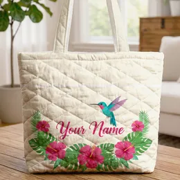 Hummingbird Tropical Flowers Hibiscus Your Name Wildlife Lover Gift Quilted Tote Bag