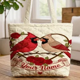 Cardinals Heart Branch Roses Botanical Scrolls Personalized - Bird Lover Gift Quilted Tote Bag