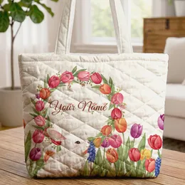 White Bunny Tulip Hyacinth Garden Floral Wreath Swirls - Wildlife Lover Everyday Gift Quilted Tote Bag