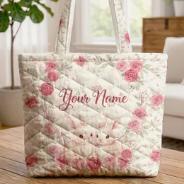 Bunnies Roses Floral Wreath Personalized - Everyday Personal Gift Quilted Tote Bag