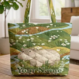 Charming Hippopotamus Floral Wreath Daisies Your Name - Wildlife Lover Gift Quilted Tote Bag