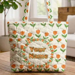 Orange Tulips Bunny Flower Wreath - Home Decor Gift for Gardeners & Plant Lovers Quilted Tote Bag