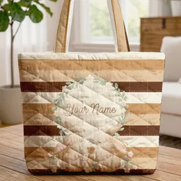 Striped Background Bunnies Nuzzling Floral Wreath Name - Everyday Lifestyle Gift Quilted Tote Bag