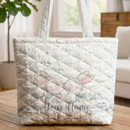 Bunnies Wildflower Meadow Floral Wreath - Nature Lover Gift Quilted Tote Bag