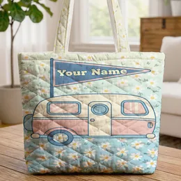 Ditsy Daisies Camper Van Windows Door Name Flag - Road Trip Traveler Vacation Gift Quilted Tote Bag