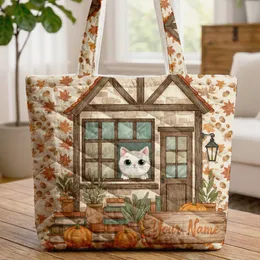 White Cat Bookstore Window Pumpkins Leaves - Personalized Autumn Gift for Book Lovers Quilted Tote Bag