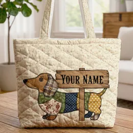 Dachshund Patchwork Dog, Botanical Leaves Rustic Sign - Dog Lover Gift Quilted Tote Bag