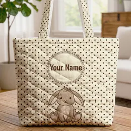 Adorable Sitting Bunny Your Name Circle Polka Dot - Everyday Tote Gift for Bunny Lover Quilted Tote Bag