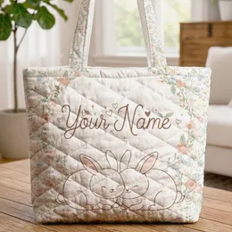 Bunnies Wildflower Floral Wreath Personalized Your Name - Everyday Gift Quilted Tote Bag