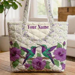 Hummingbird Purple Bellflower Hibiscus - Personalized Bird Lover Gift Quilted Tote Bag