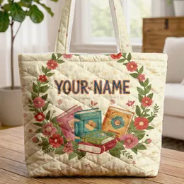 Floral Wreath Storybooks - Reading Gift for Book Lovers Quilted Tote Bag