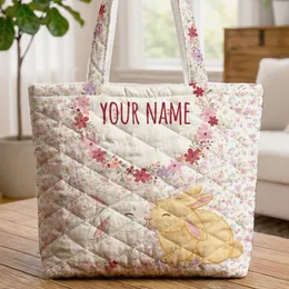Two Storybook Nuzzling Bunnies Wildflowers Floral Wreath - Everyday Tote Gift for Bunny Lover Quilted Tote Bag