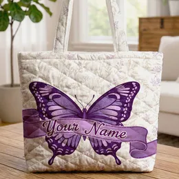 Elegant Butterfly Botanical Floral Leaves Name Ribbon Deep Purple - Everyday Gift Quilted Tote Bag