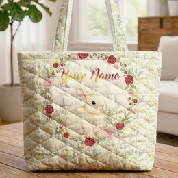 Bunny Rabbit Wildflower Floral Wreath with Your Name - Mother's Day Gift Quilted Tote Bag