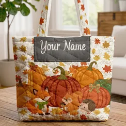 Scattered Autumn Pumpkins Gourds Maple Oak Leaves Swirling Vine - Harvest Season Gift Quilted Tote Bag