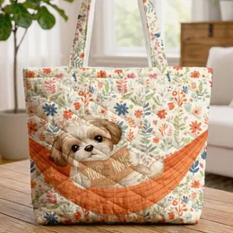 Shih Tzu Puppy Hammock Reading Book Botanical Flowers - Dog Lover Everyday Gift Quilted Tote Bag