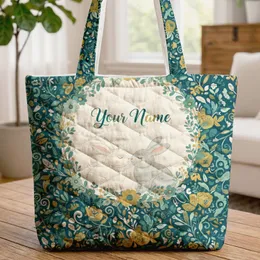 Nuzzling Bunnies Floral Wreath Personalized Name - Thoughtful Gift for Her Quilted Tote Bag