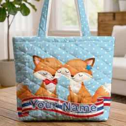 Nuzzling Foxes with Bow Tie Star Clip Your Name Ribbon - Patriotic Wildlife Gift Quilted Tote Bag