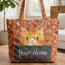 Cat Face Botanical Floral Your Name Slate - Everyday Cat Lover Gift Quilted Tote Bag