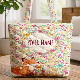 Fox Bunny Wildflower Lush Leaves Floral Wreath Your Name - Everyday Wildlife Lover Gift Quilted Tote Bag