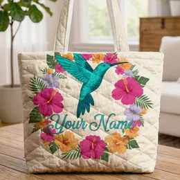 Hummingbird in Flight Tropical Hibiscus Flowers Botanical Vines - Wildlife Lover Gift Quilted Tote Bag