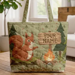 Red Squirrel Wooden Sign Campfire Pine Forest - Woodland Lover Gift Quilted Tote Bag