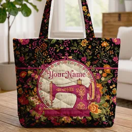 Vintage Sewing Machine Name Hoop Botanical Floral Craft Lover Gift Quilted Tote Bag