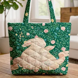 Hugging Bunnies Wildflower Rose Garden Name Ribbon - Nature Lover Gift for Bunny Lover Quilted Tote Bag