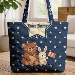 Navy Star Bear Bunny Red Flag Name - Nursery Room Decor Gift for Child Quilted Tote Bag