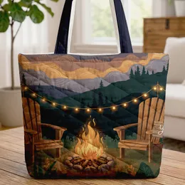 Personalized Campfire Adirondack Chairs Glowing Fairy Lights - Custom Name Gift Quilted Tote Bag