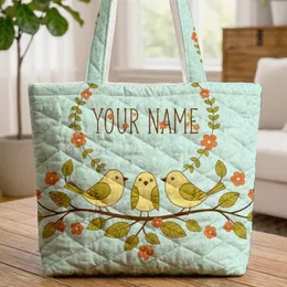 Three Birds Perched Branch Floral Wreath Name - Wildlife Lover Everyday Gift Quilted Tote Bag